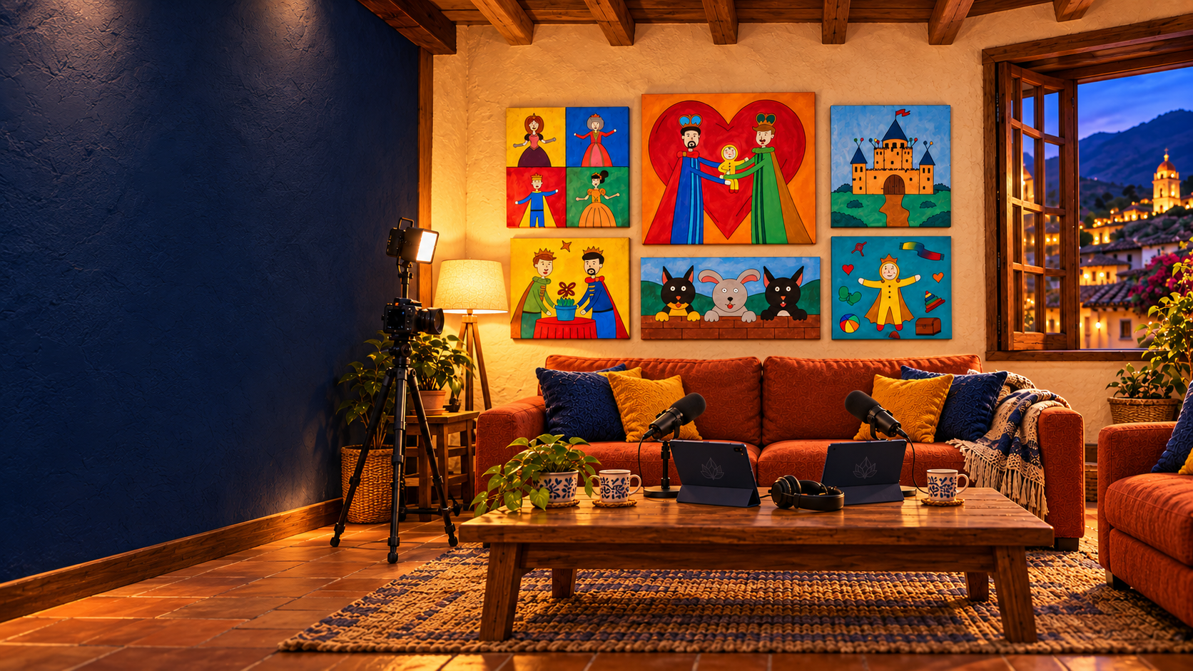 Ilustración de una sala de podcast con sofá, dos micrófonos y una galería de seis cuadros inspirados en el cuento familiar de Uchuvaland