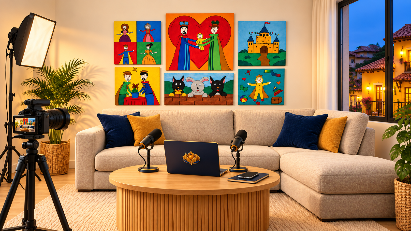 Propuesta ilustrada de una sala de podcast con los cuadros de Uchuvaland